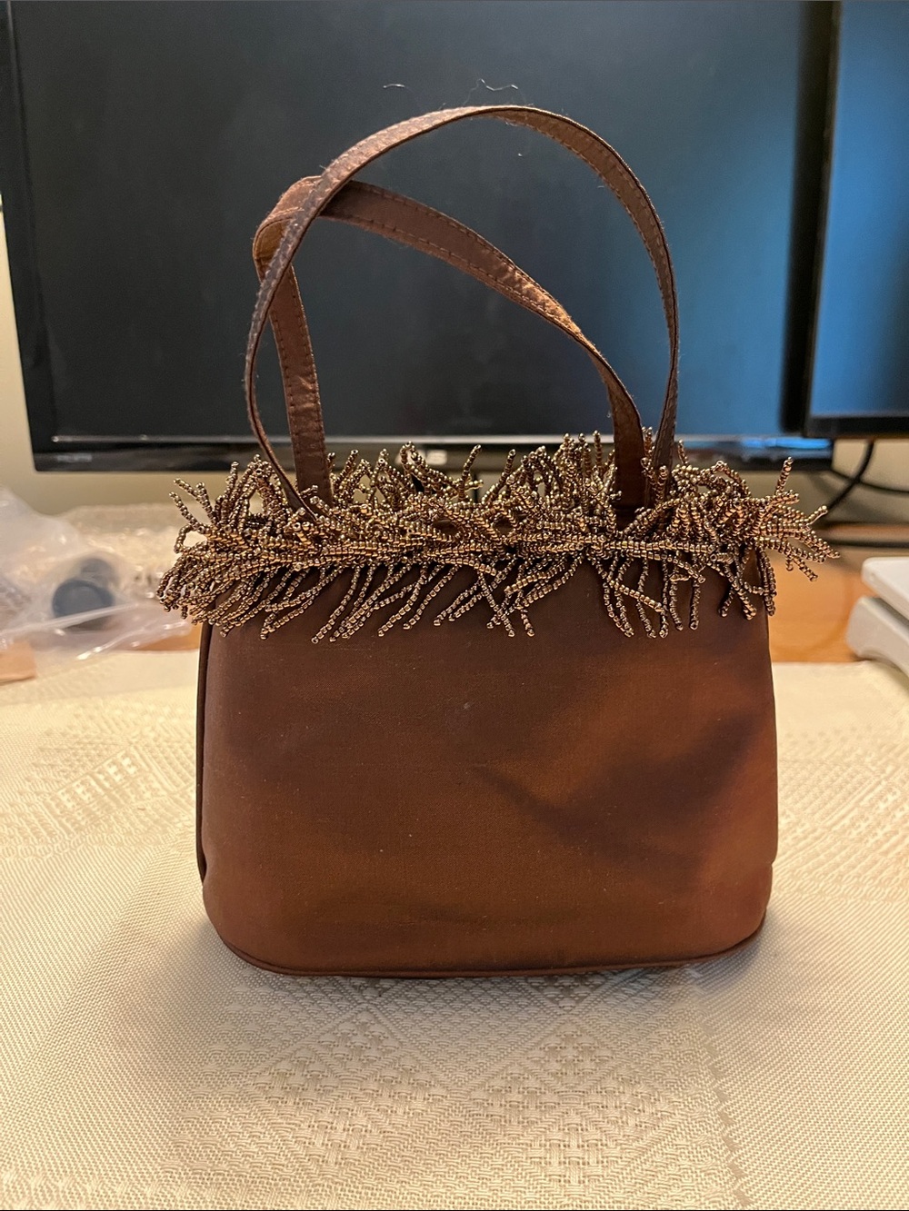 Brown Beaded Trim Evening Handbag